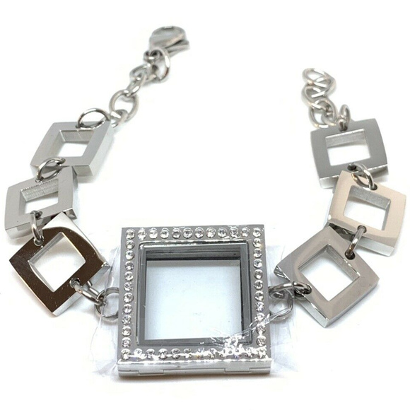 New Silver Rhinestone square link Locket Bracelet - Picture 1 of 8